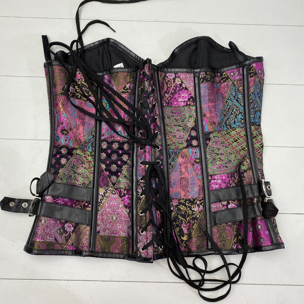 Charmian Patchwork Brocade Corset Top Womens 4XL Purple Steampunk Buckle Goth - Picture 6 of 13